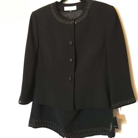 NWT!  Gorgeous TAHARI ASL Black 3/4" Sleeve Embroidered Dress Skirt Suit 14 - Picture 2 of 9